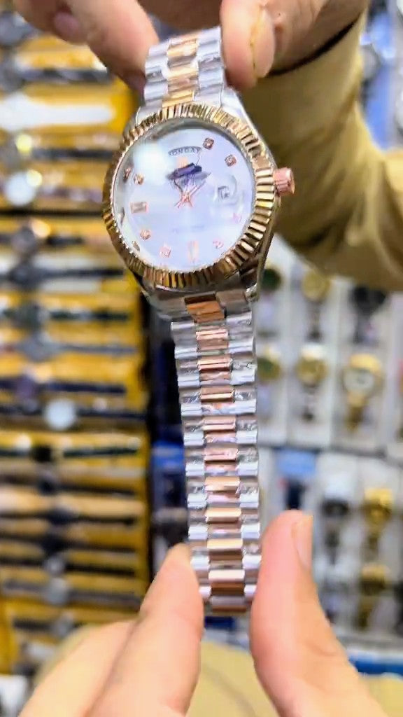 New Luxury Golden Plus Silver Plus White Dail color Tag Lock Date And Days Working Men Watches