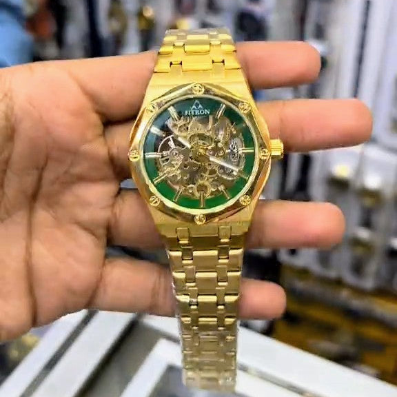 New Golden Green Dail Luxury Fitron Automatic Double Lock Watch