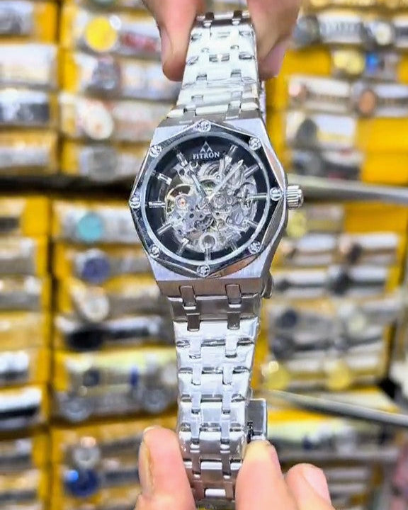 New Silver Black Dail Luxury Fitron Automatic Double Lock Watch