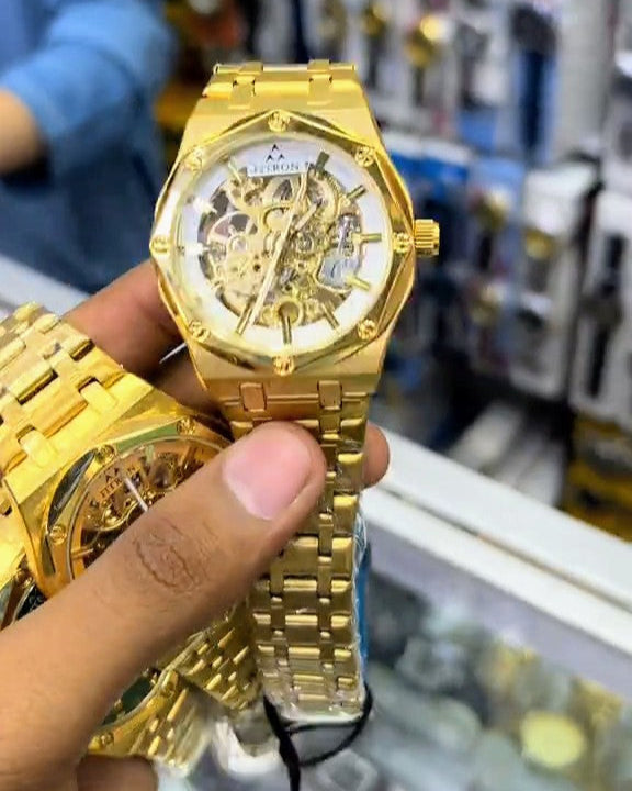 New Golden White Dail Luxury Fitron Automatic Double Lock Watch