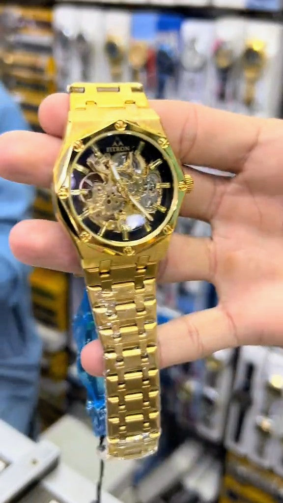 New Golden Black Dail Luxury Fitron Automatic Double Lock Watch